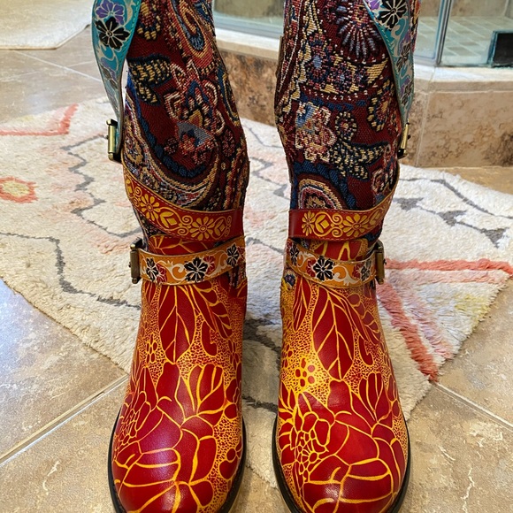 Soffia Brown Floral Tie Accent Leather Vintage Knee High Boots - Picture 5 of 9